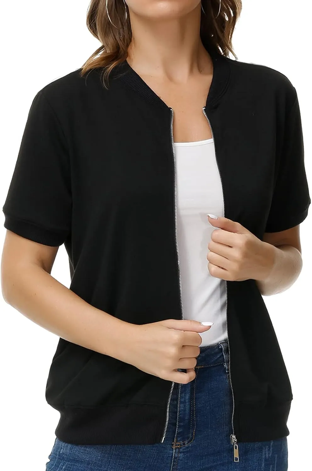 KANCY KOLE Womens Short Sleeve Jackets Casual Zip Up Sweatshirt Jackets with Pockets Summer Lightweight Coat Tops