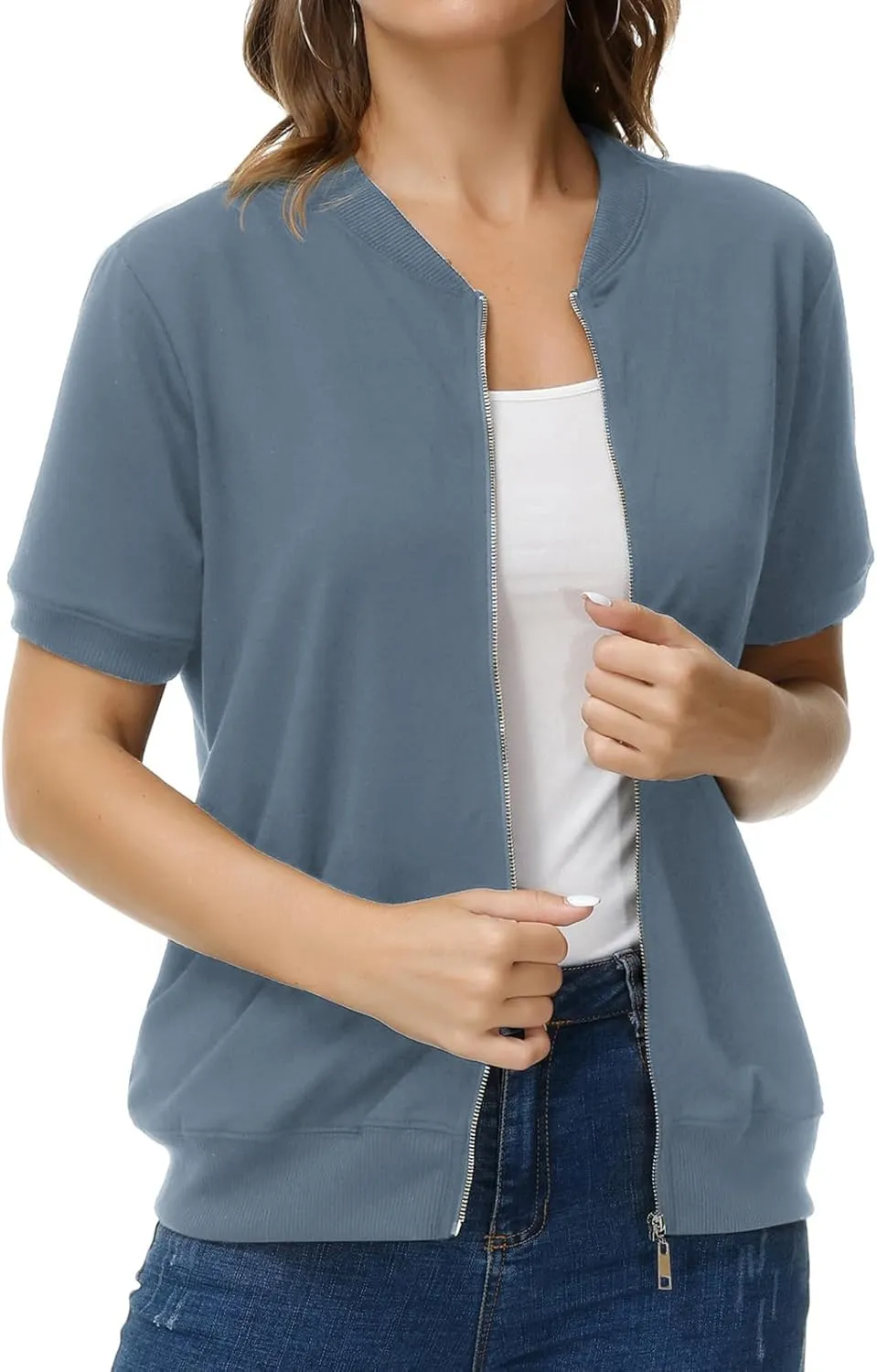 KANCY KOLE Womens Short Sleeve Jackets Casual Zip Up Sweatshirt Jackets with Pockets Summer Lightweight Coat Tops