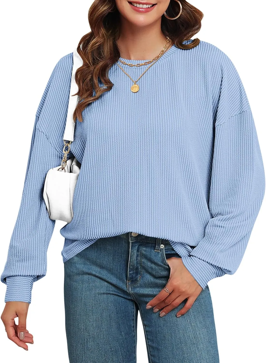 KARALIN Womens Ribbed Oversized Pullover Long Sleeves Crew Neck Y2K Fall Winter Shirts Tunic Tops