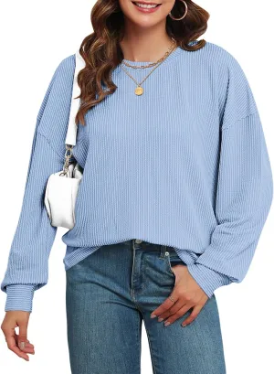 KARALIN Womens Ribbed Oversized Pullover Long Sleeves Crew Neck Y2K Fall Winter Shirts Tunic Tops