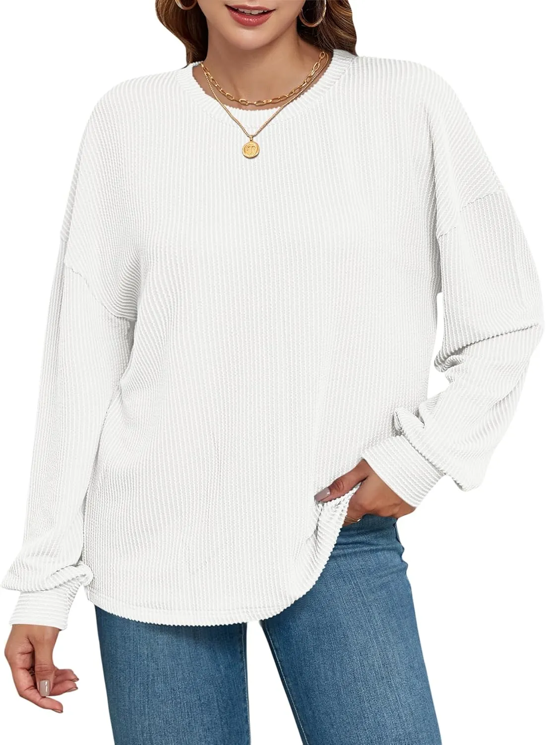 KARALIN Womens Ribbed Oversized Pullover Long Sleeves Crew Neck Y2K Fall Winter Shirts Tunic Tops