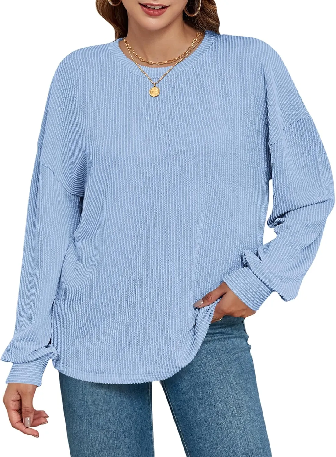 KARALIN Womens Ribbed Oversized Pullover Long Sleeves Crew Neck Y2K Fall Winter Shirts Tunic Tops