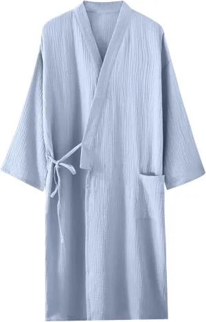 Kimono Robe for Men Cross Wrpa V Neck Bathrobes Sleepwear Long Sleeve Cotton Pajama Spa Sauna Robes Pocket Nightgowns