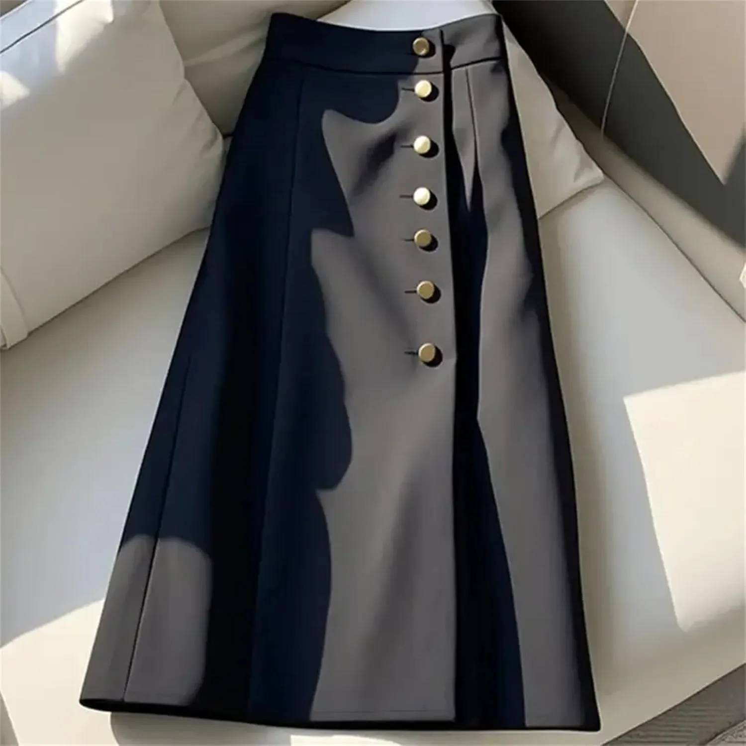 Korean Style Button Black High Waist Slimming A-Line Maxi Skirt Fashion Suit Skirt for Women