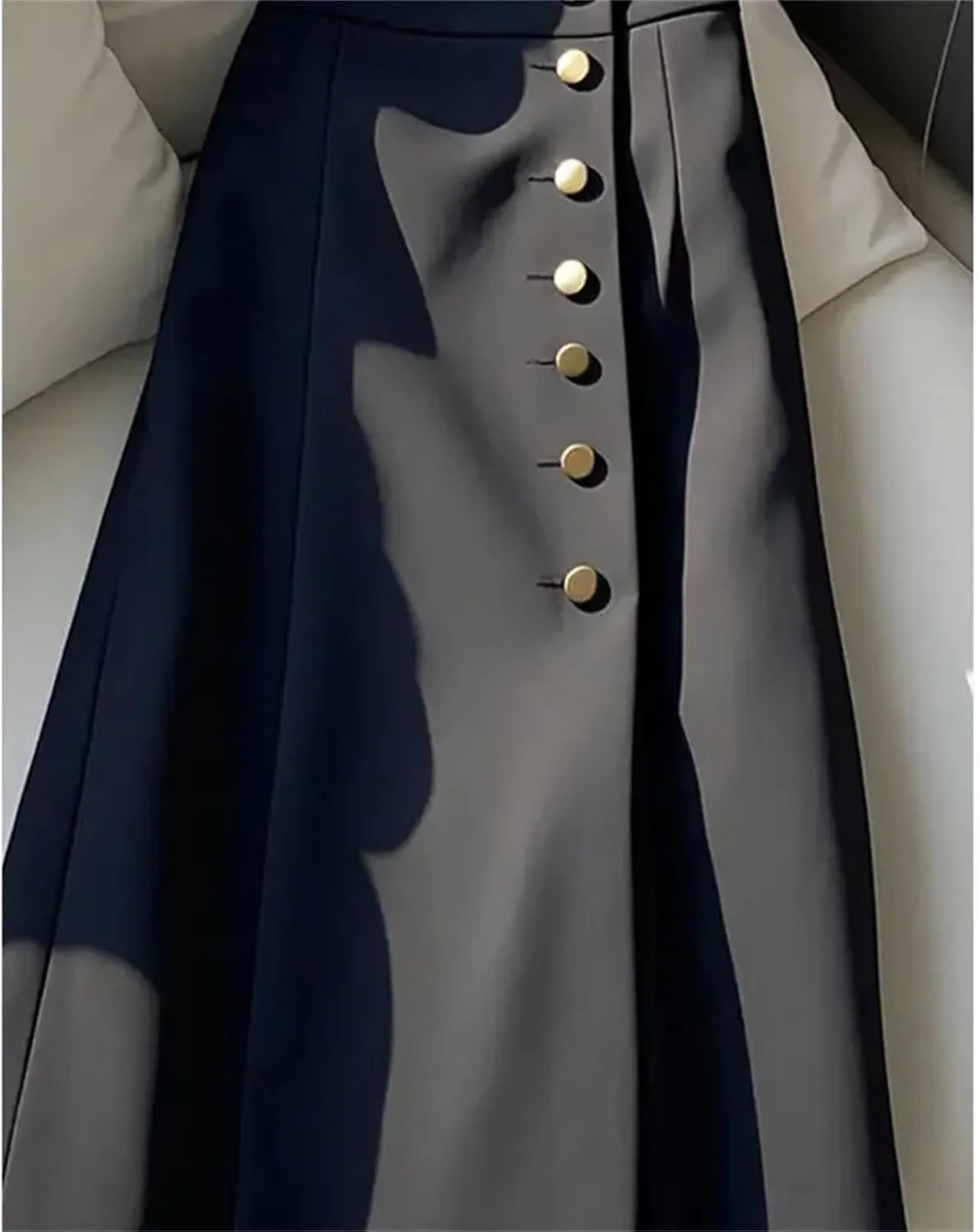 Korean Style Button Black High Waist Slimming A-Line Maxi Skirt Fashion Suit Skirt for Women