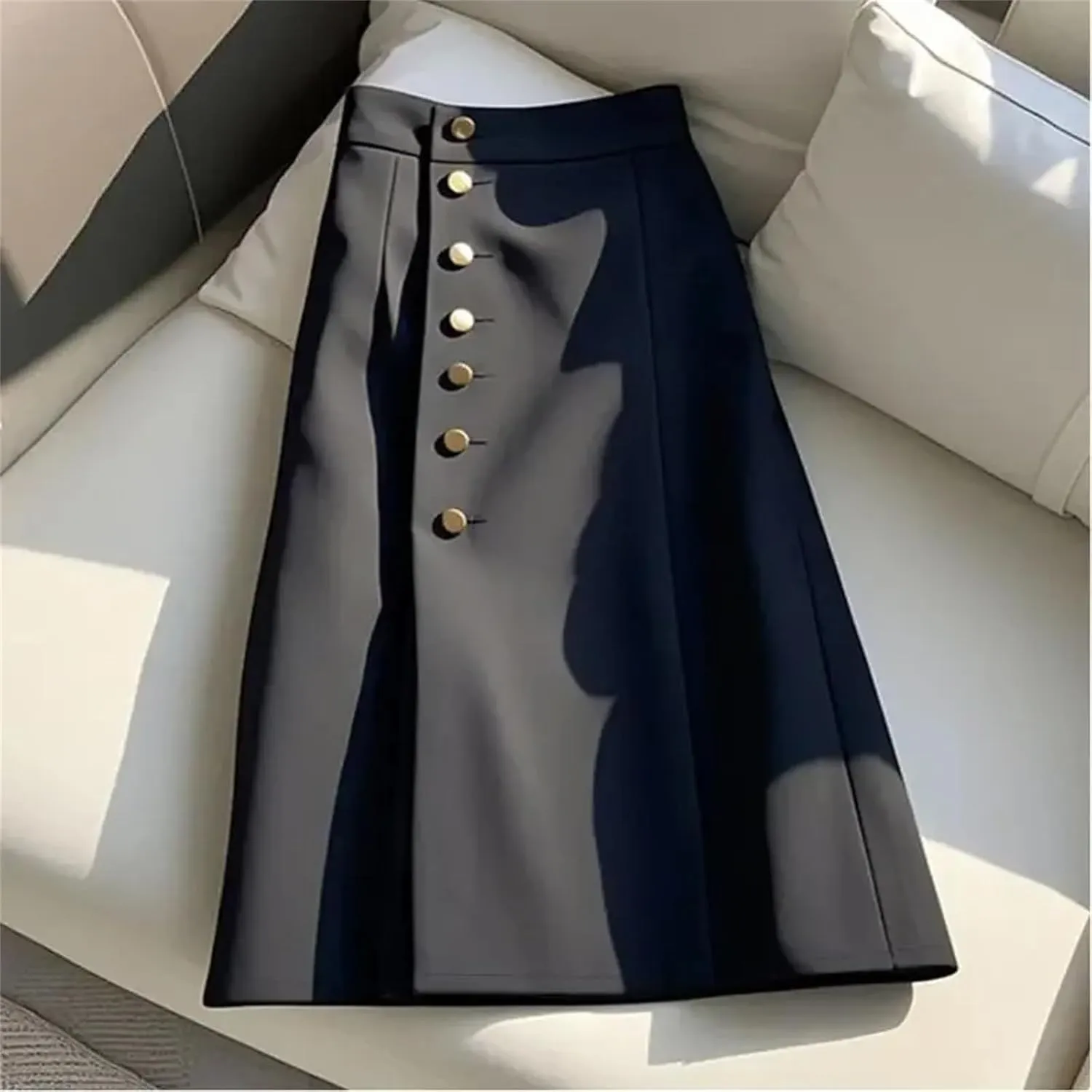 Korean Style Button Black High Waist Slimming A-Line Maxi Skirt Fashion Suit Skirt for Women
