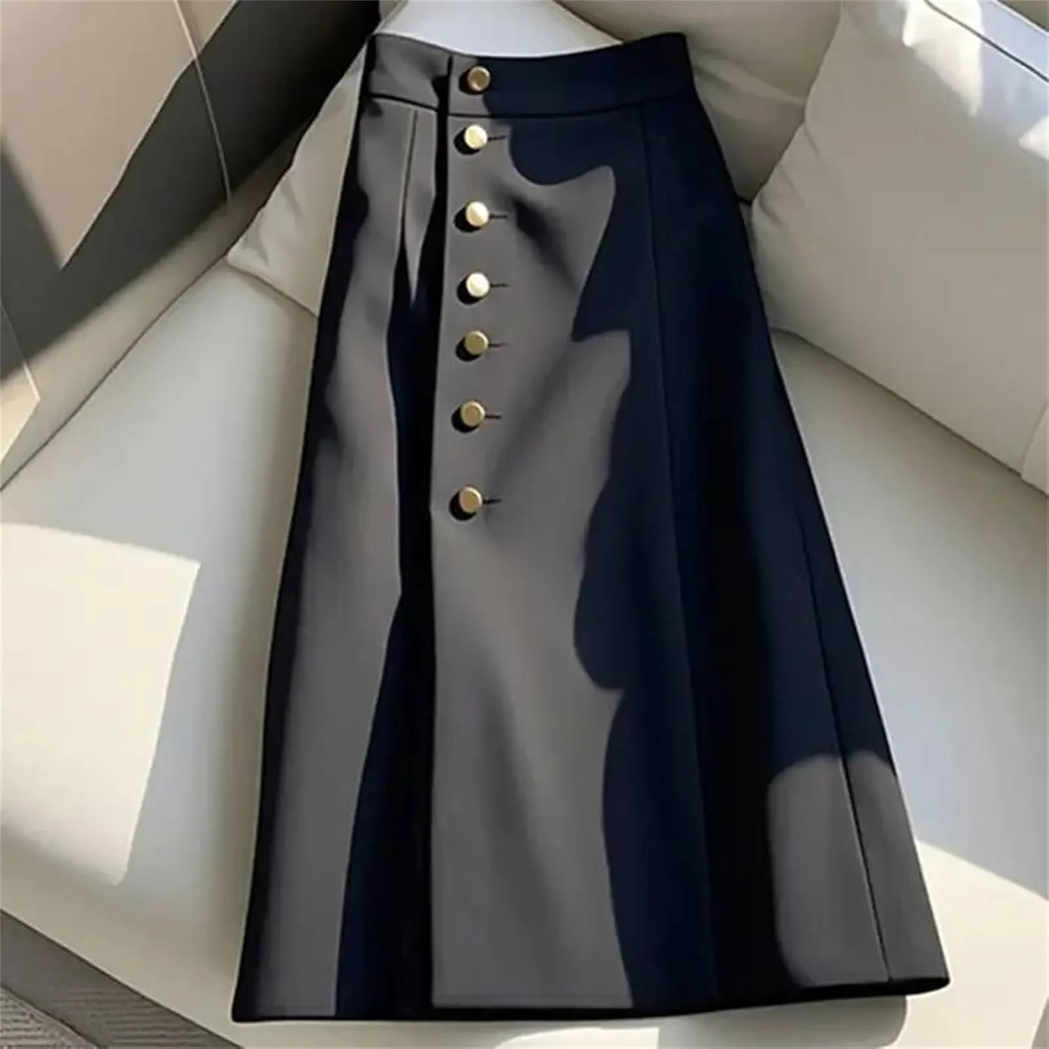 Korean Style Button Black High Waist Slimming A-Line Maxi Skirt Fashion Suit Skirt for Women