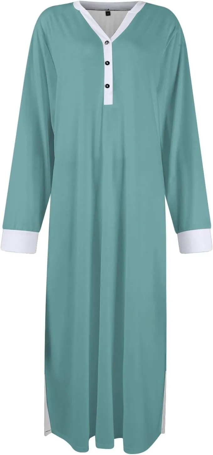 KUIOLYPOER Women's Long Sleeve Nightgown Full Length V Neck Sleepwear Long Sleepshirts Full Length Loungewear with Pockets