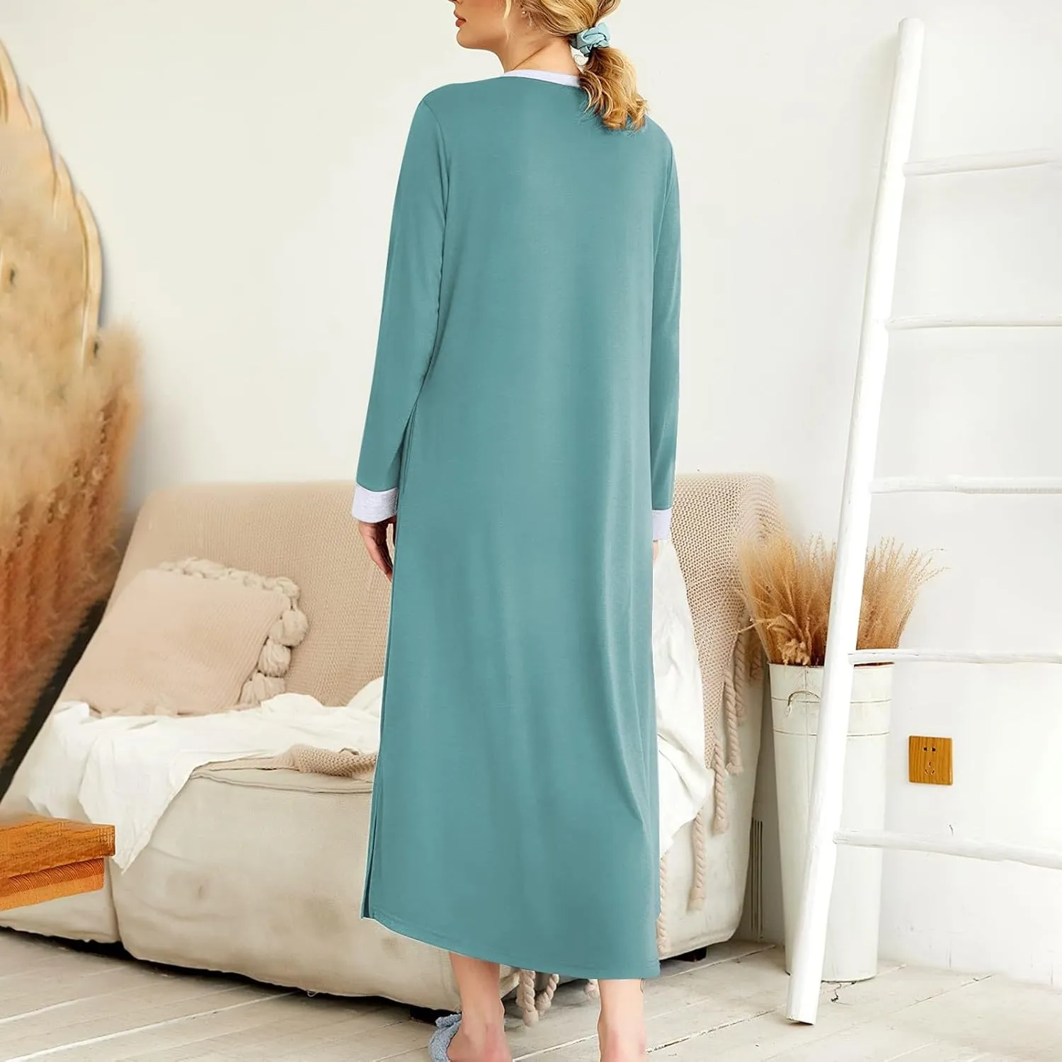 KUIOLYPOER Women's Long Sleeve Nightgown Full Length V Neck Sleepwear Long Sleepshirts Full Length Loungewear with Pockets
