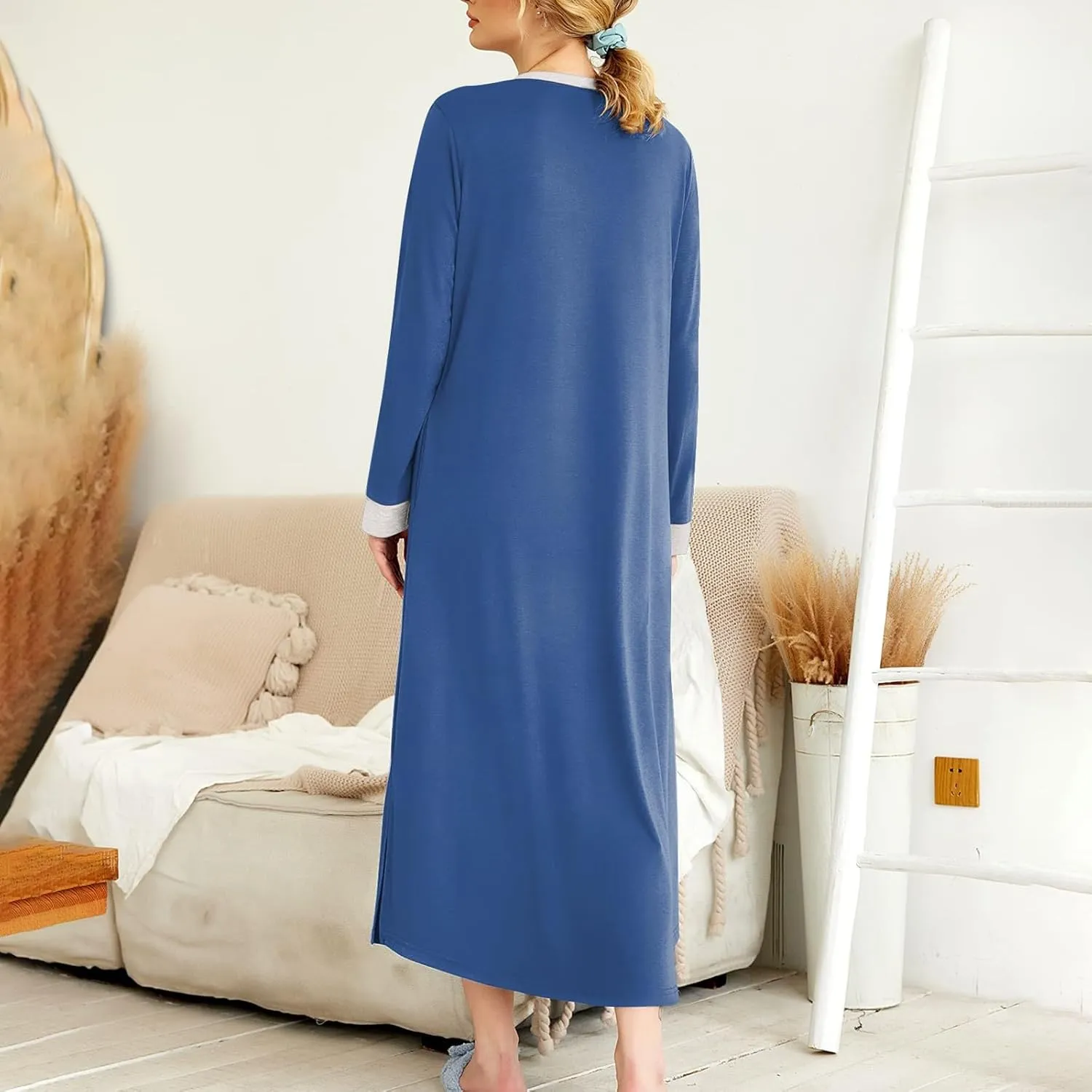KUIOLYPOER Women's Long Sleeve Nightgown Full Length V Neck Sleepwear Long Sleepshirts Full Length Loungewear with Pockets