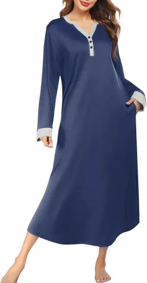 KUIOLYPOER Women's Long Sleeve Nightgown Full Length V Neck Sleepwear Long Sleepshirts Full Length Loungewear with Pockets