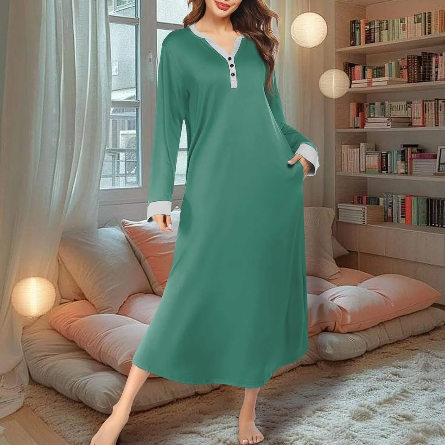 KUIOLYPOER Women's Long Sleeve Nightgown Full Length V Neck Sleepwear Long Sleepshirts Full Length Loungewear with Pockets