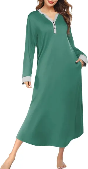 KUIOLYPOER Women's Long Sleeve Nightgown Full Length V Neck Sleepwear Long Sleepshirts Full Length Loungewear with Pockets