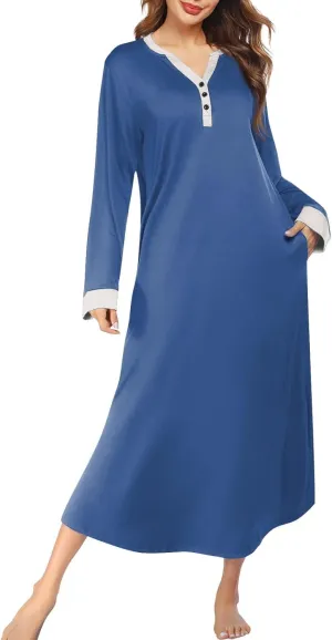KUIOLYPOER Women's Long Sleeve Nightgown Full Length V Neck Sleepwear Long Sleepshirts Full Length Loungewear with Pockets
