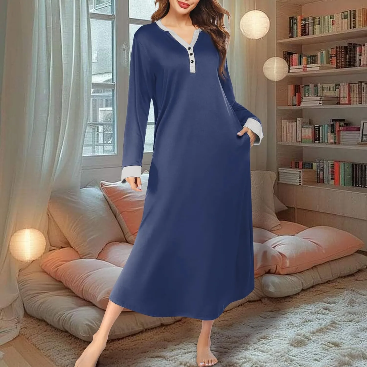 KUIOLYPOER Women's Long Sleeve Nightgown Full Length V Neck Sleepwear Long Sleepshirts Full Length Loungewear with Pockets