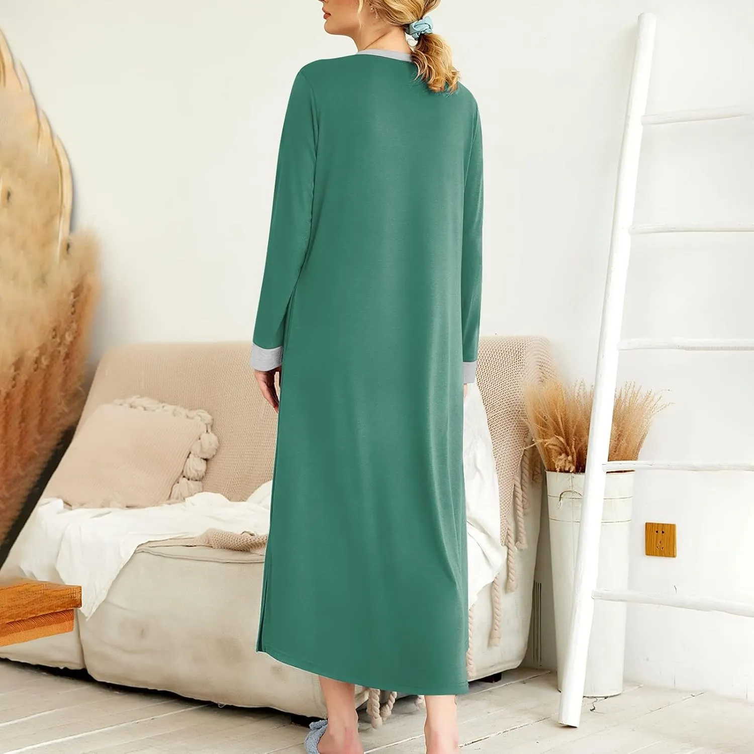 KUIOLYPOER Women's Long Sleeve Nightgown Full Length V Neck Sleepwear Long Sleepshirts Full Length Loungewear with Pockets