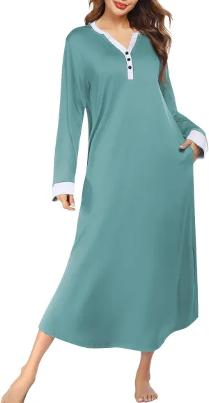 KUIOLYPOER Women's Long Sleeve Nightgown Full Length V Neck Sleepwear Long Sleepshirts Full Length Loungewear with Pockets