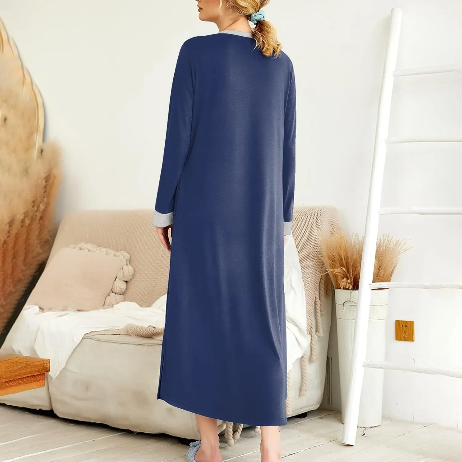 KUIOLYPOER Women's Long Sleeve Nightgown Full Length V Neck Sleepwear Long Sleepshirts Full Length Loungewear with Pockets