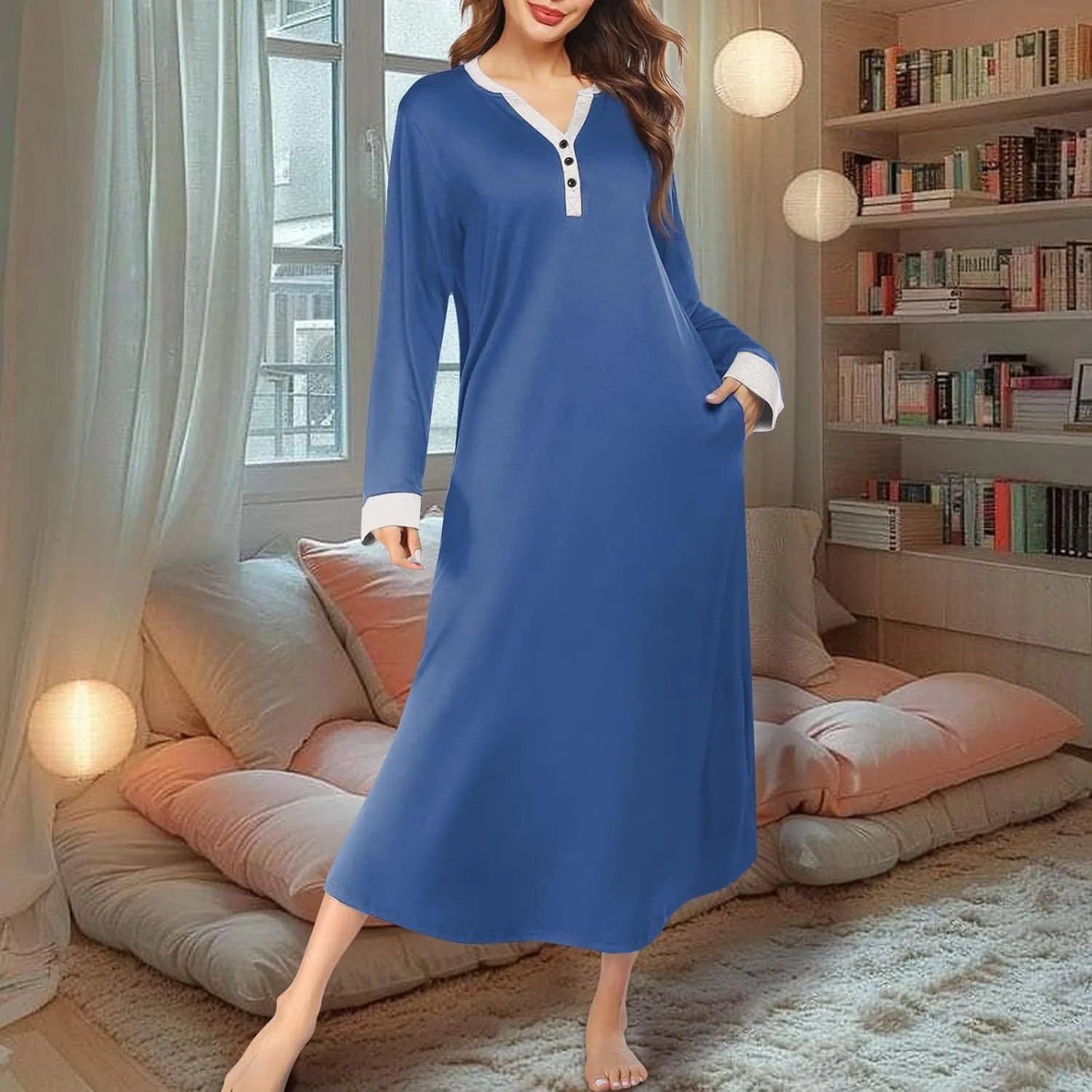 KUIOLYPOER Women's Long Sleeve Nightgown Full Length V Neck Sleepwear Long Sleepshirts Full Length Loungewear with Pockets
