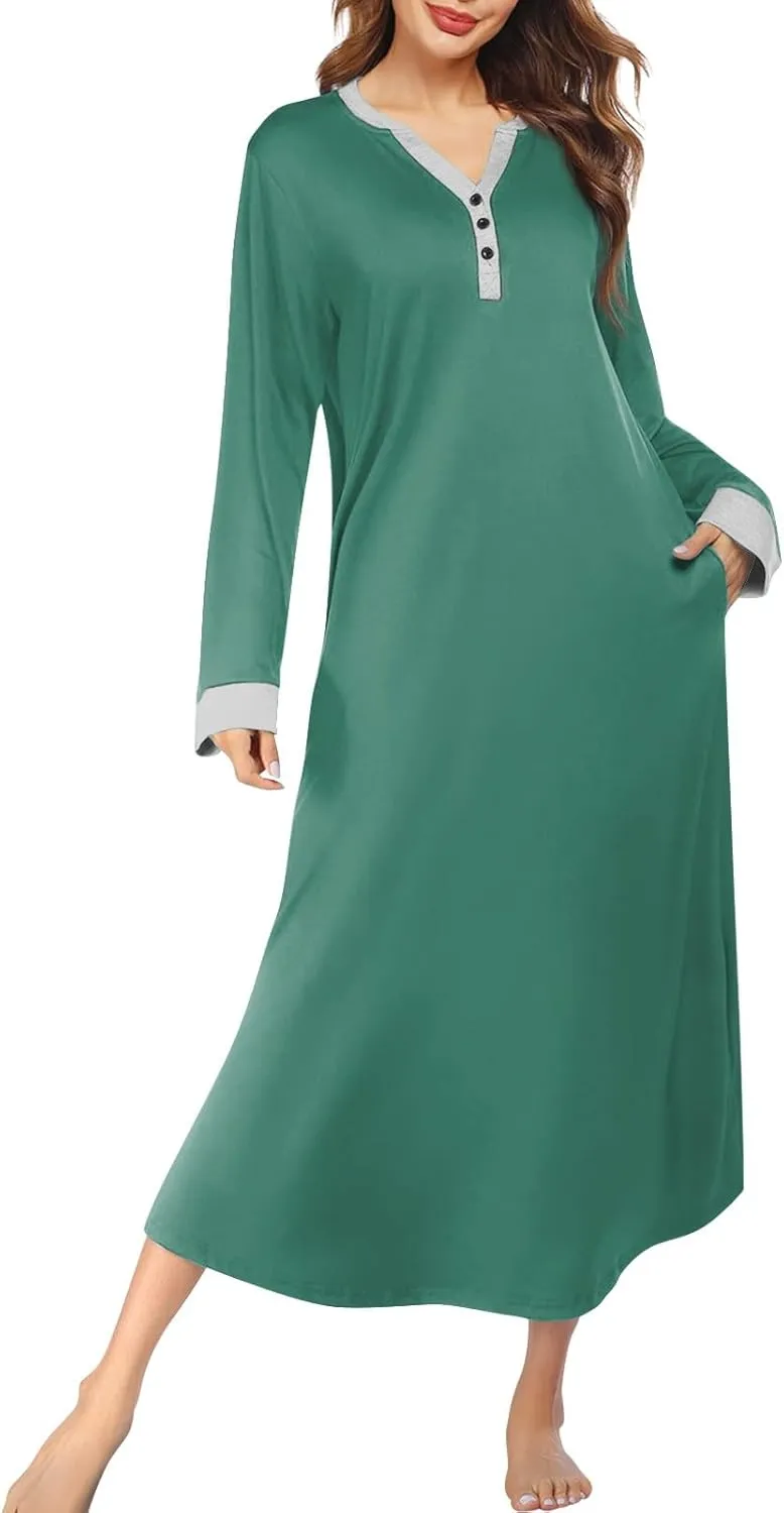 KUIOLYPOER Women's Long Sleeve Nightgown Full Length V Neck Sleepwear Long Sleepshirts Full Length Loungewear with Pockets