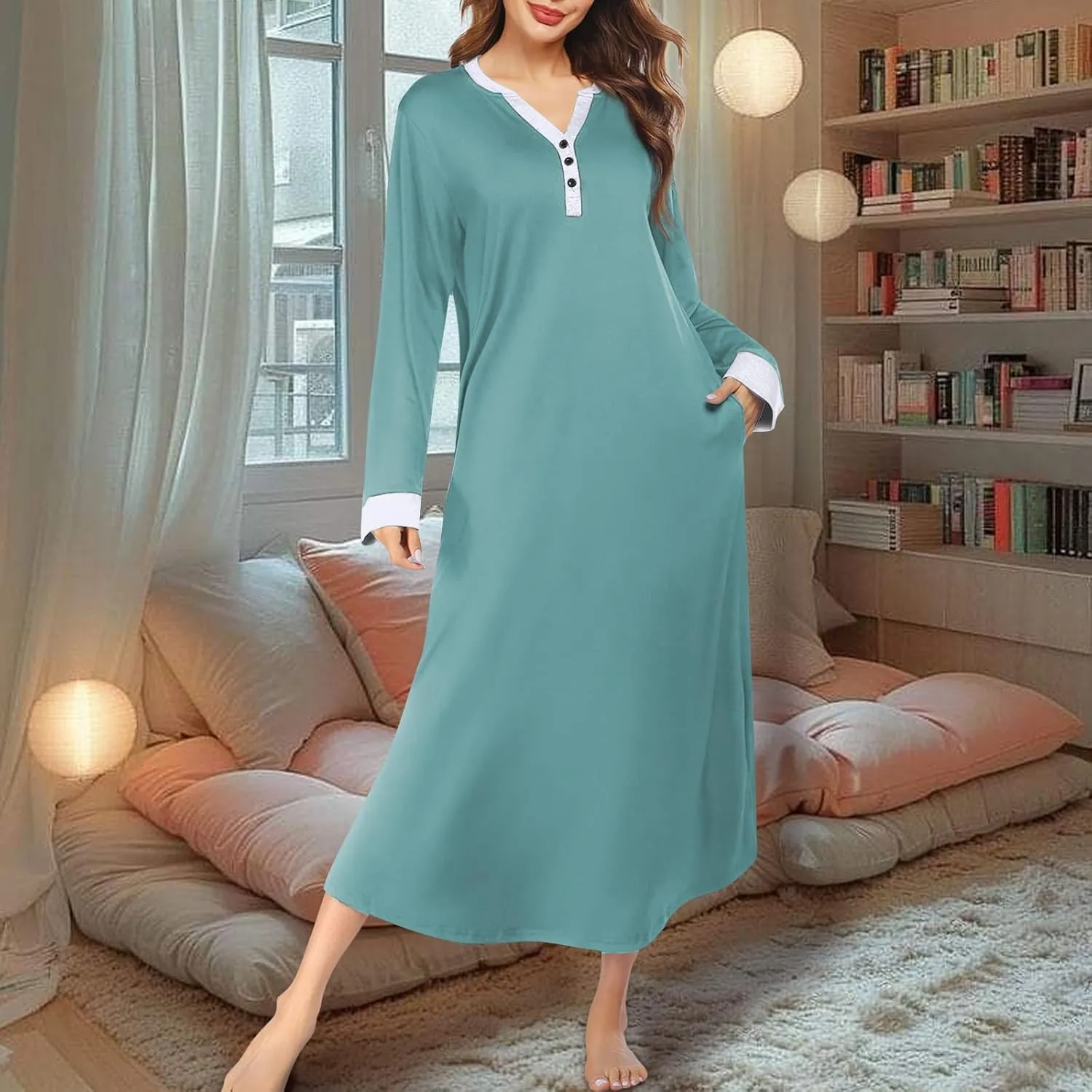 KUIOLYPOER Women's Long Sleeve Nightgown Full Length V Neck Sleepwear Long Sleepshirts Full Length Loungewear with Pockets