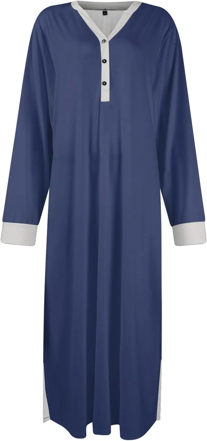 KUIOLYPOER Women's Long Sleeve Nightgown Full Length V Neck Sleepwear Long Sleepshirts Full Length Loungewear with Pockets