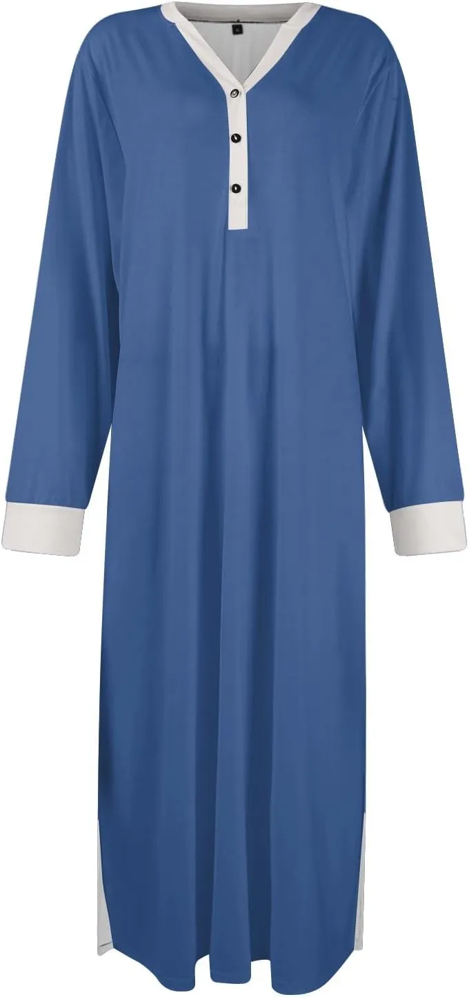 KUIOLYPOER Women's Long Sleeve Nightgown Full Length V Neck Sleepwear Long Sleepshirts Full Length Loungewear with Pockets