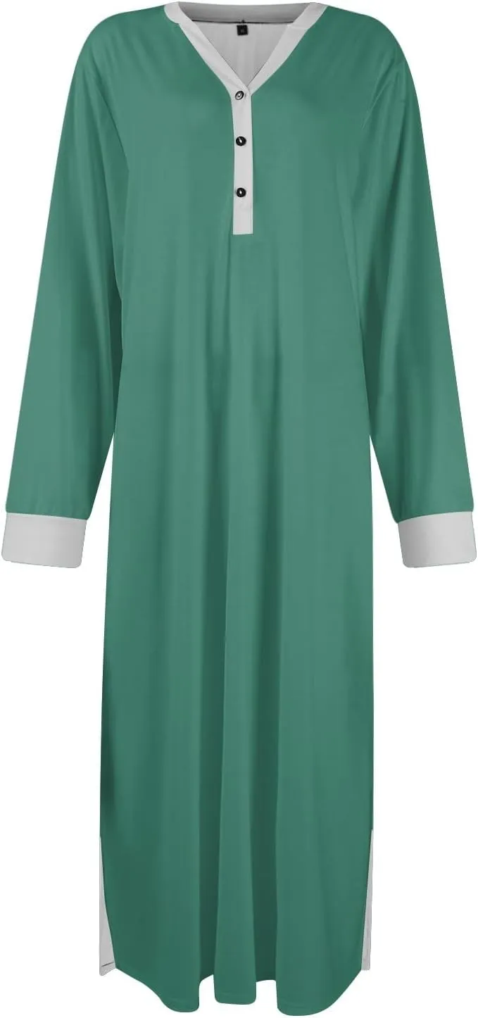 KUIOLYPOER Women's Long Sleeve Nightgown Full Length V Neck Sleepwear Long Sleepshirts Full Length Loungewear with Pockets