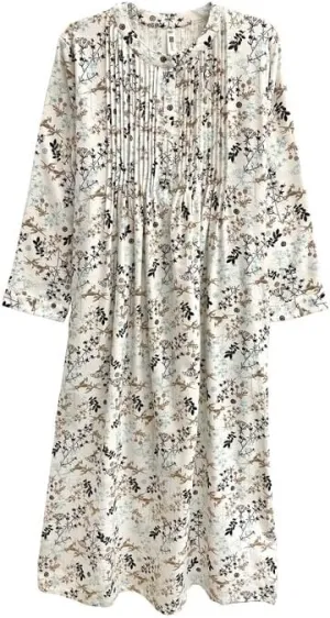 LA CERA Women's Plus Size Printed Flannel Nightgown - 100% Cotton, Long Sleeve, Pleated Front, Side Pockets, Long Sleeves