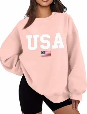 Lacozy Womens USA Graphic Sweatshirts American flag Crewneck Long Sleeve Sweater Loose Fleece Tops Fall Winter Clothes