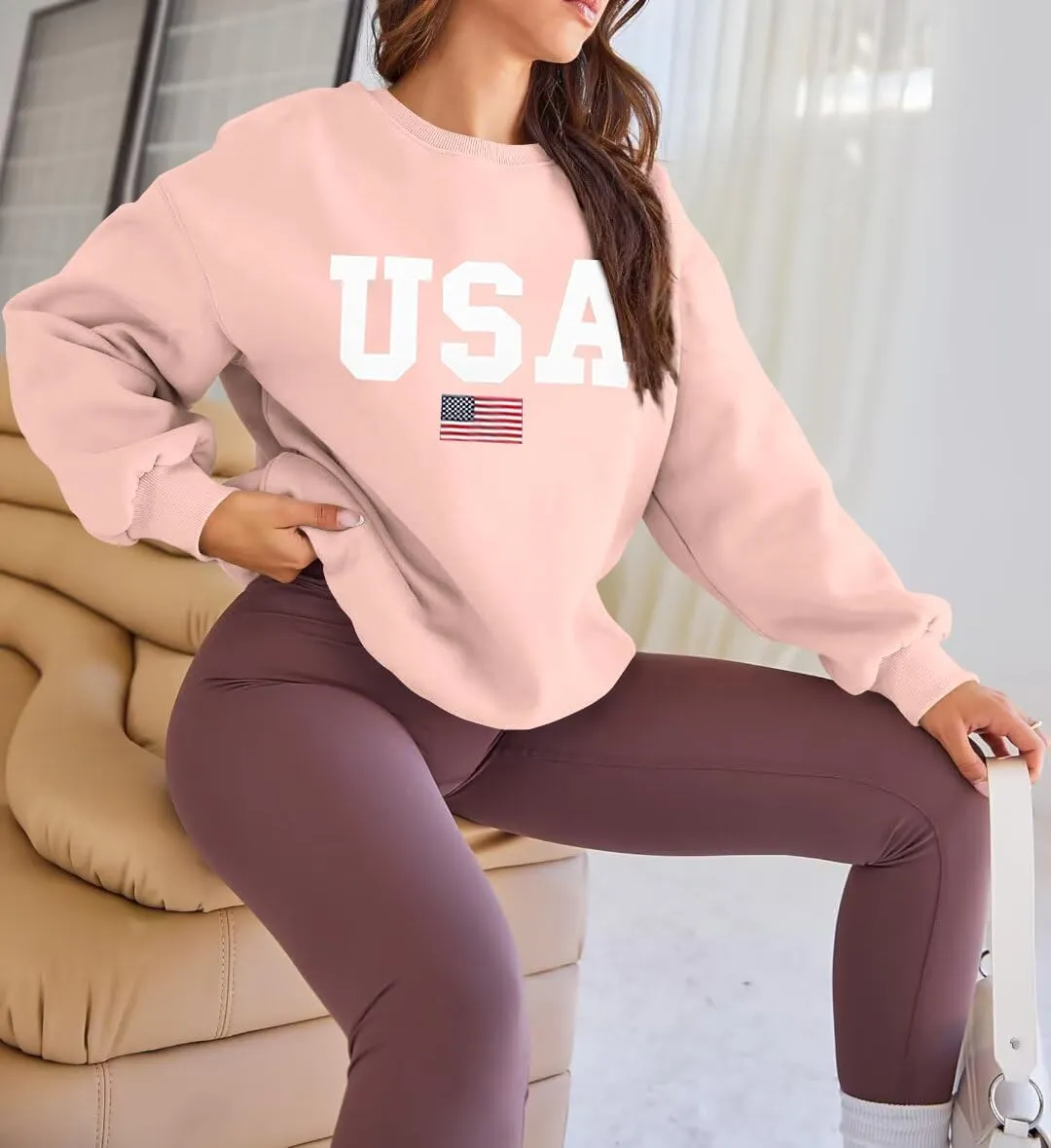 Lacozy Womens USA Graphic Sweatshirts American flag Crewneck Long Sleeve Sweater Loose Fleece Tops Fall Winter Clothes