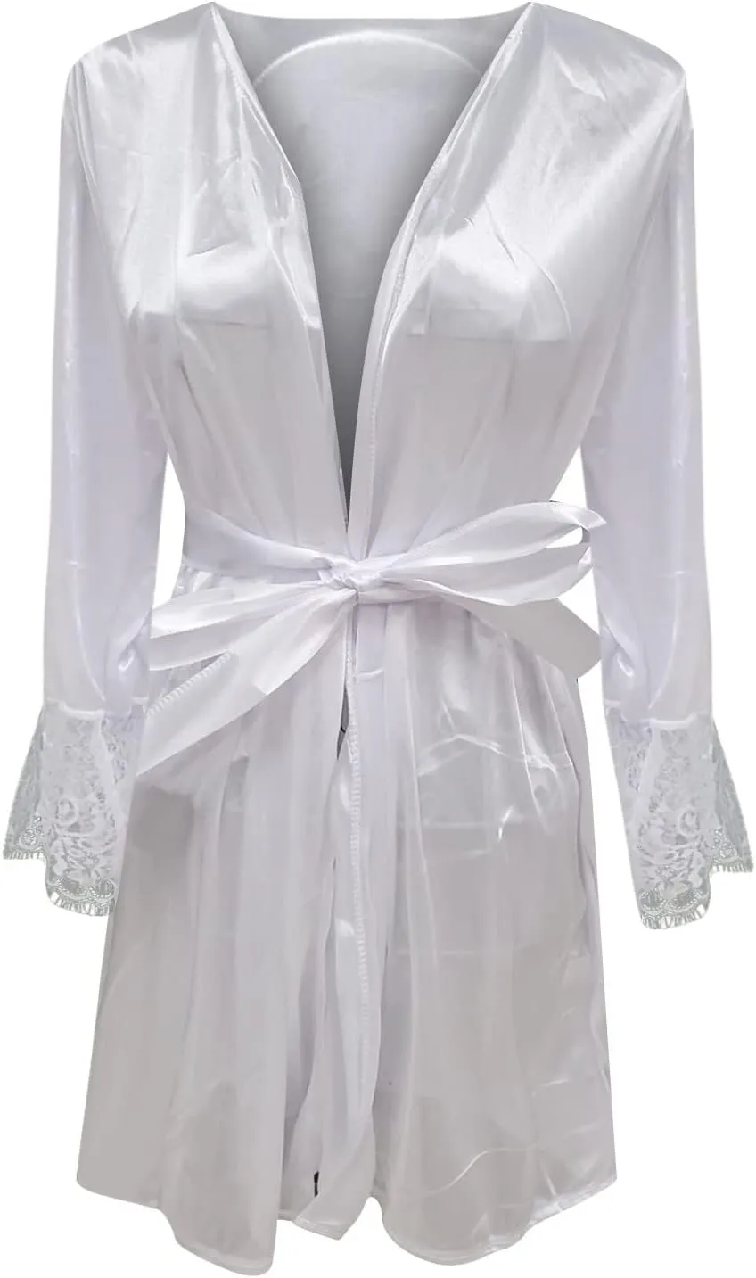 Ladies Silk Pajamas Robe Lace Bathrobe V-Neck Nightgowns Solid Color Nightdress Long Sleeve Nightwear Soft Sleepwear