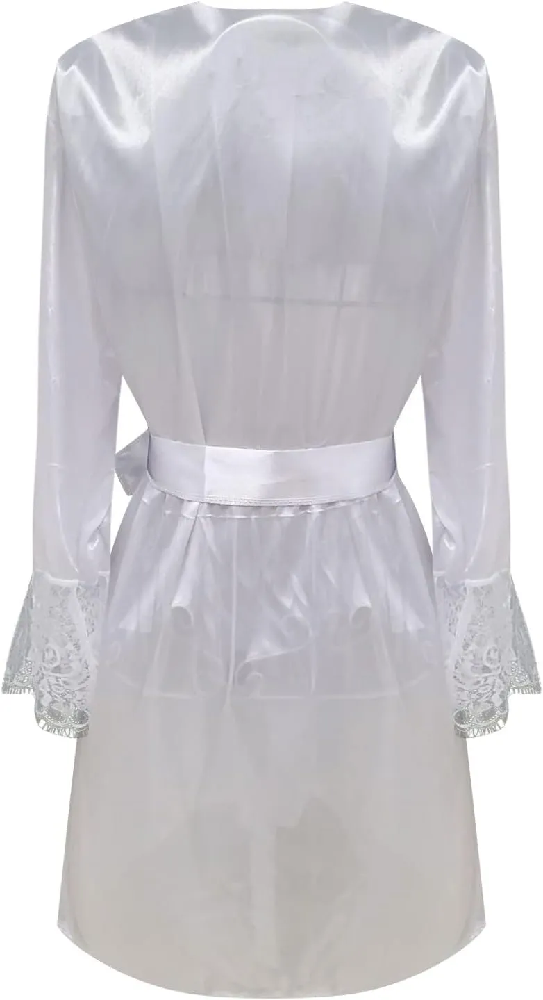 Ladies Silk Pajamas Robe Lace Bathrobe V-Neck Nightgowns Solid Color Nightdress Long Sleeve Nightwear Soft Sleepwear