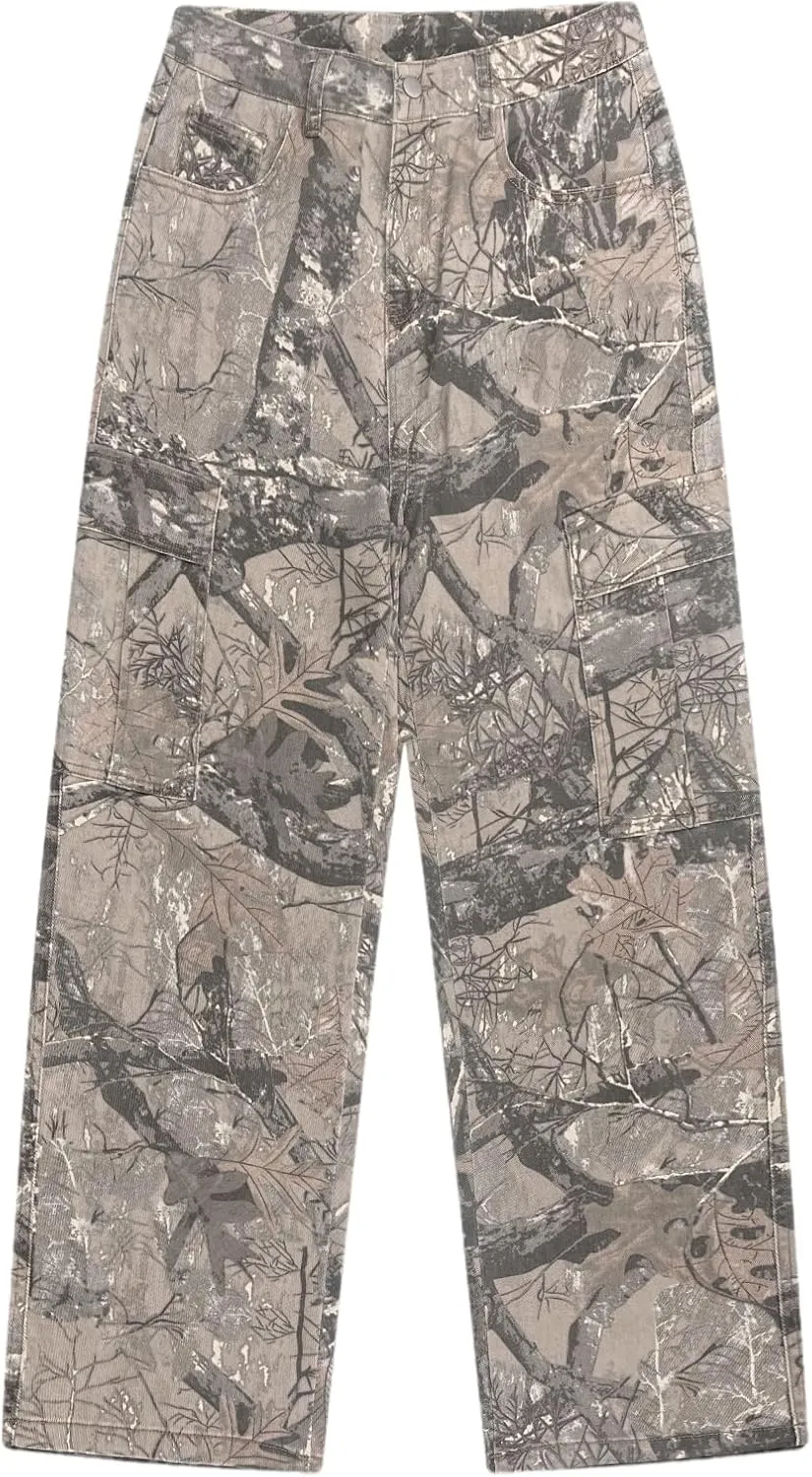 LaurelTree Camo Cargo Pants Straight Wide Leg Trousers Jeans Joggers Sweatpants with Pockets Stretch Fabric Woman Man