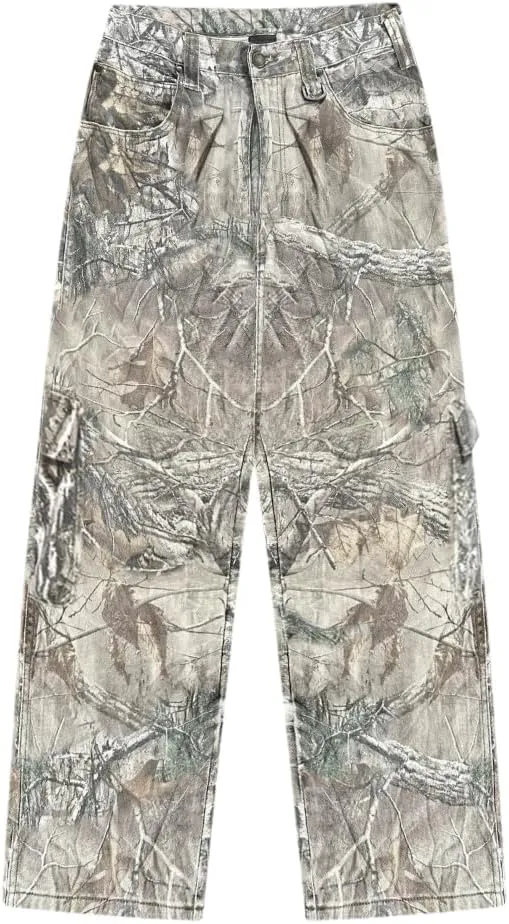 LaurelTree Camo Cargo Pants Straight Wide Leg Trousers Jeans Joggers Sweatpants with Pockets Stretch Fabric Woman Man