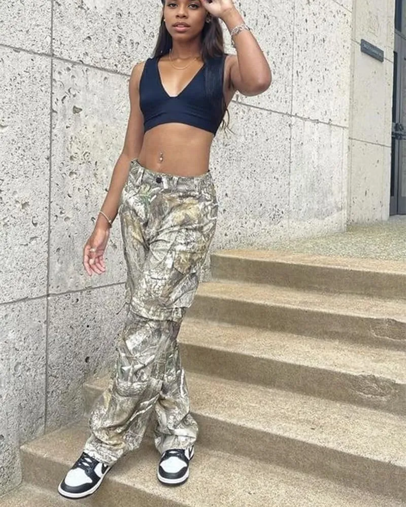 LaurelTree Camo Cargo Pants Straight Wide Leg Trousers Jeans Joggers Sweatpants with Pockets Stretch Fabric Woman Man