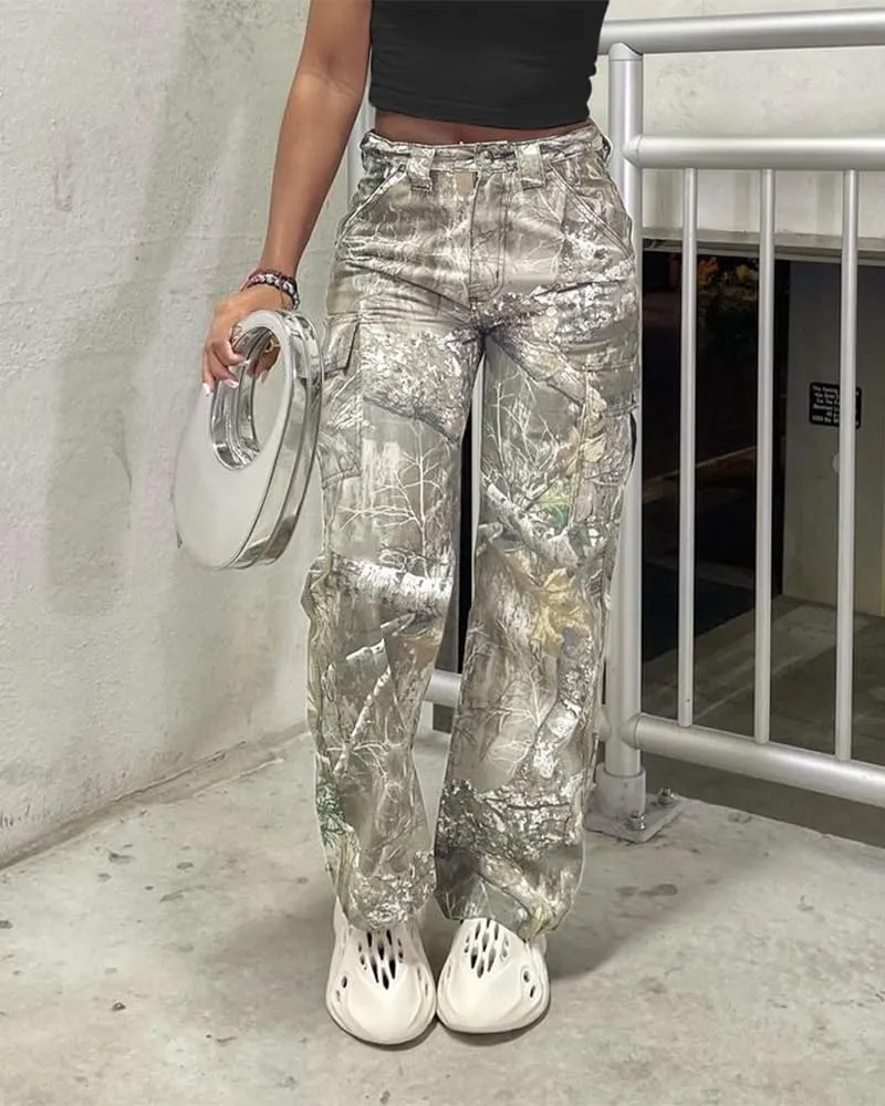 LaurelTree Camo Cargo Pants Straight Wide Leg Trousers Jeans Joggers Sweatpants with Pockets Stretch Fabric Woman Man