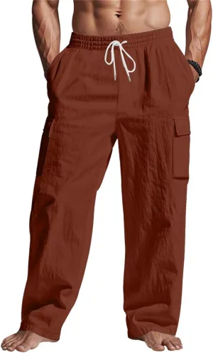 lcyhony Linen Cargo Pants for Men Relaxed fit Elastic Waist Drawstring Linen Pants Summer Casual Yoga Beach Pant with Pockets