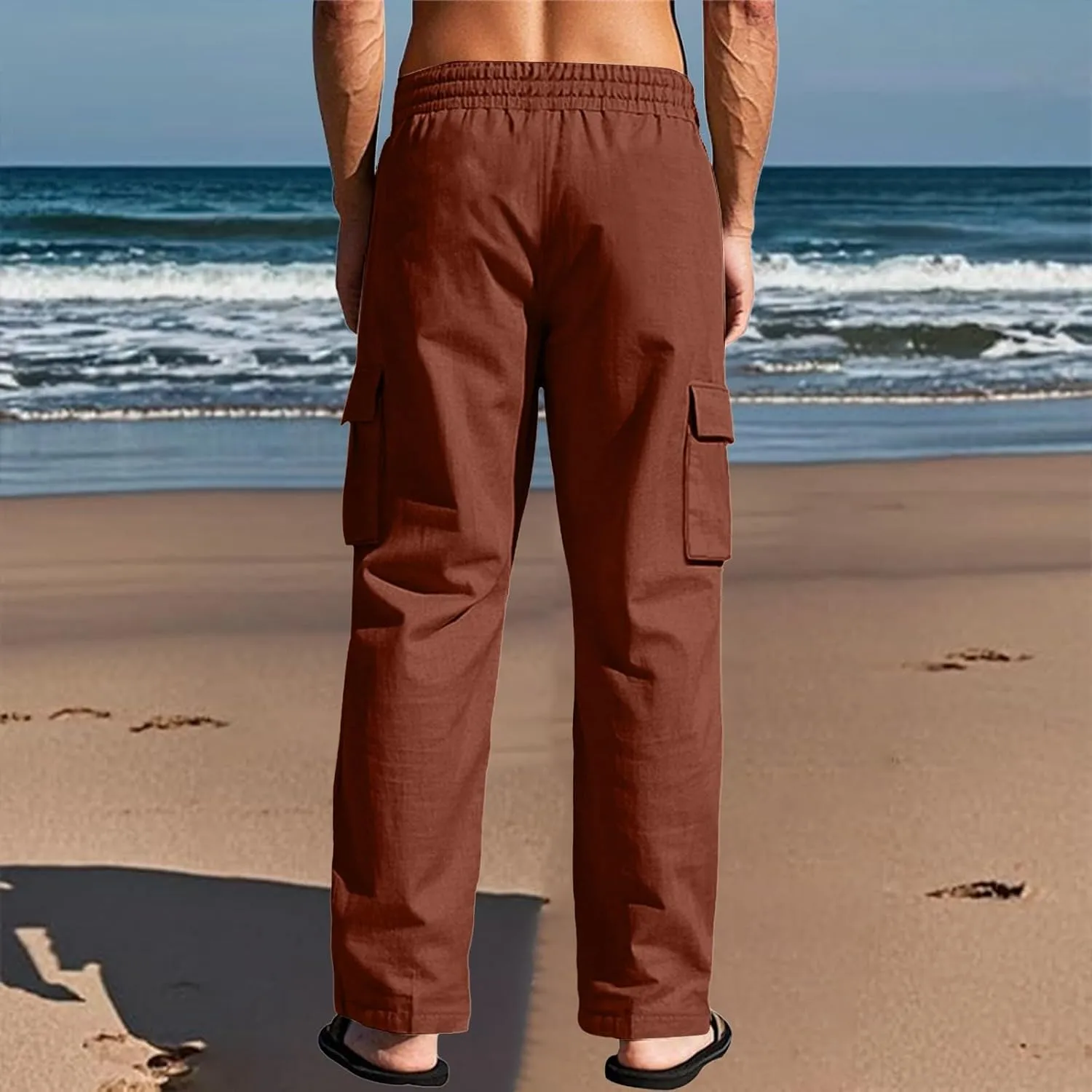 lcyhony Linen Cargo Pants for Men Relaxed fit Elastic Waist Drawstring Linen Pants Summer Casual Yoga Beach Pant with Pockets