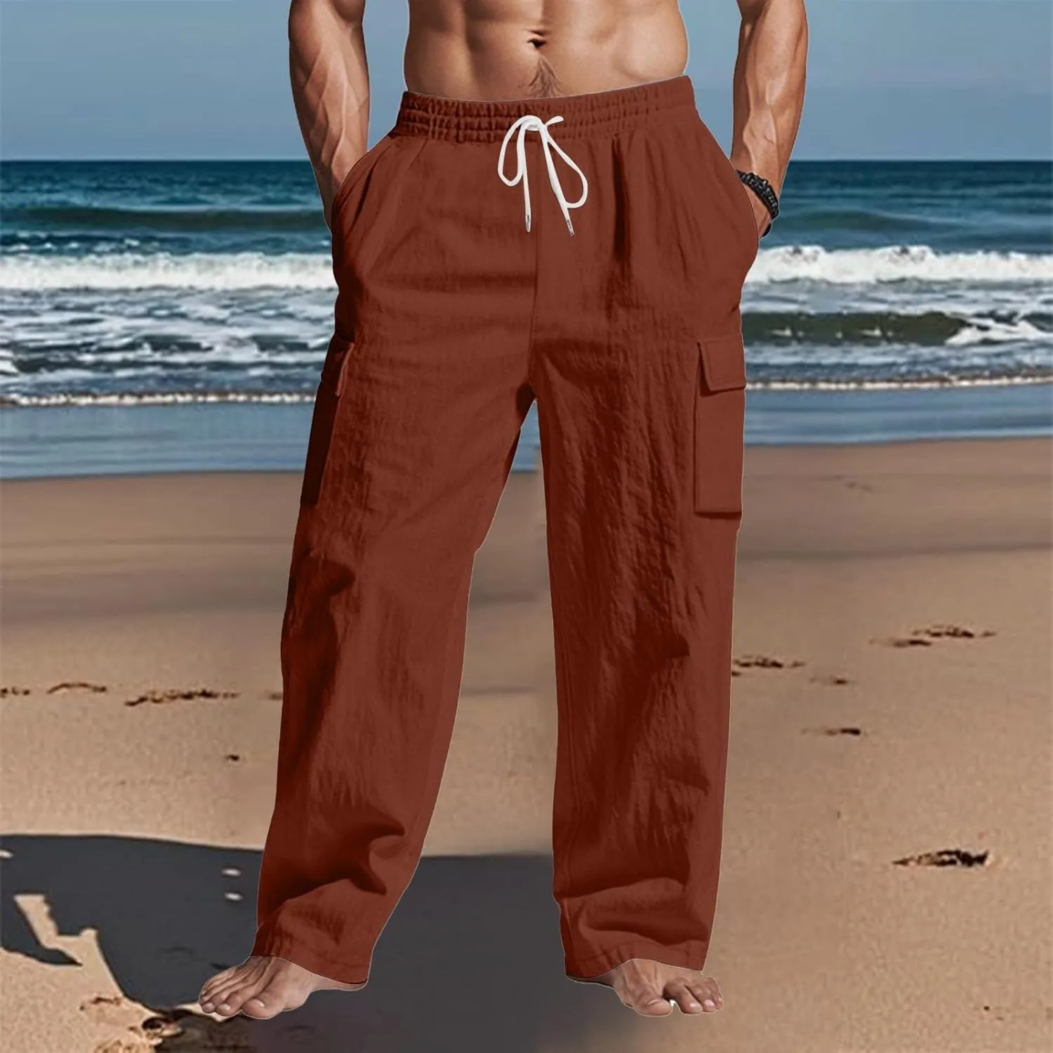 lcyhony Linen Cargo Pants for Men Relaxed fit Elastic Waist Drawstring Linen Pants Summer Casual Yoga Beach Pant with Pockets