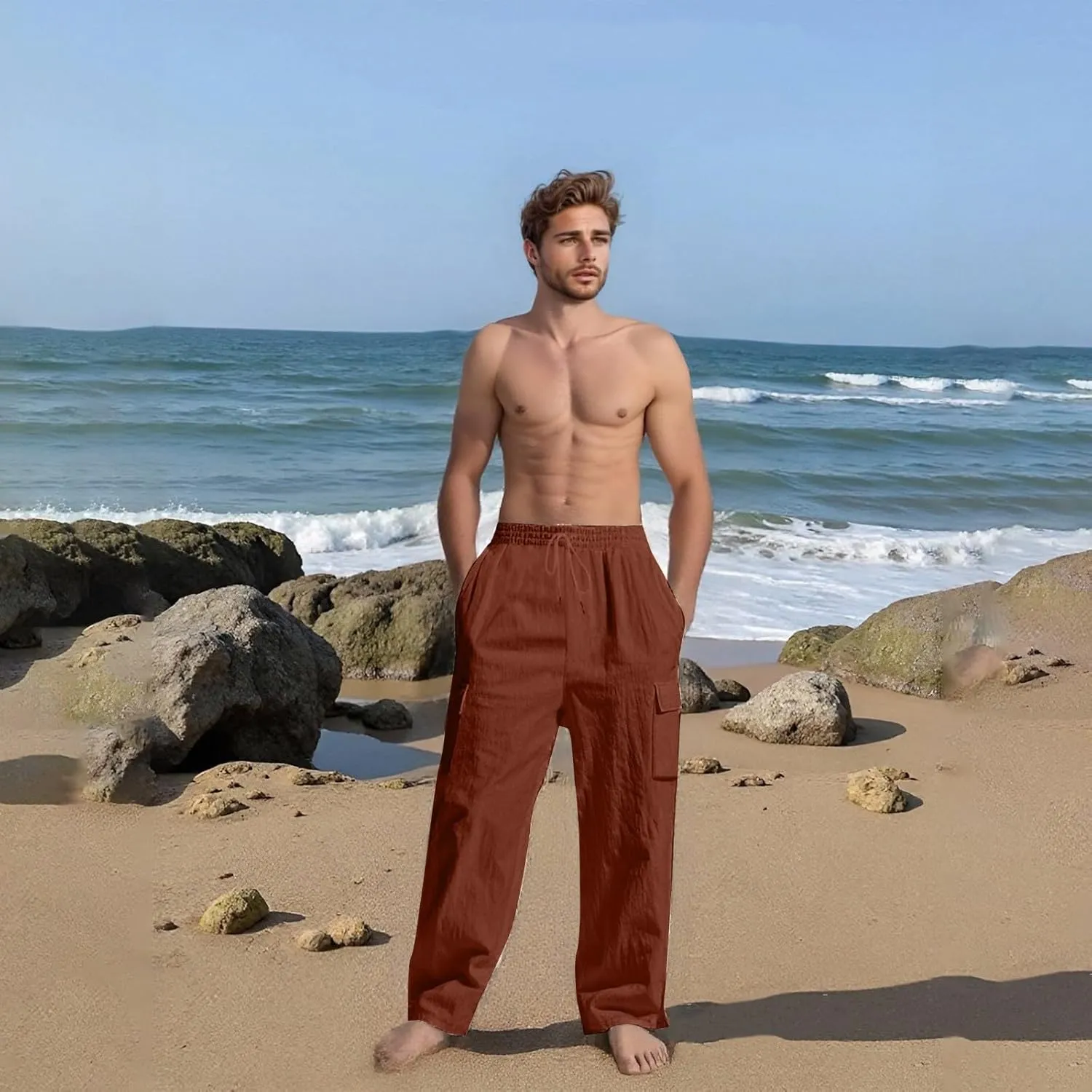 lcyhony Linen Cargo Pants for Men Relaxed fit Elastic Waist Drawstring Linen Pants Summer Casual Yoga Beach Pant with Pockets