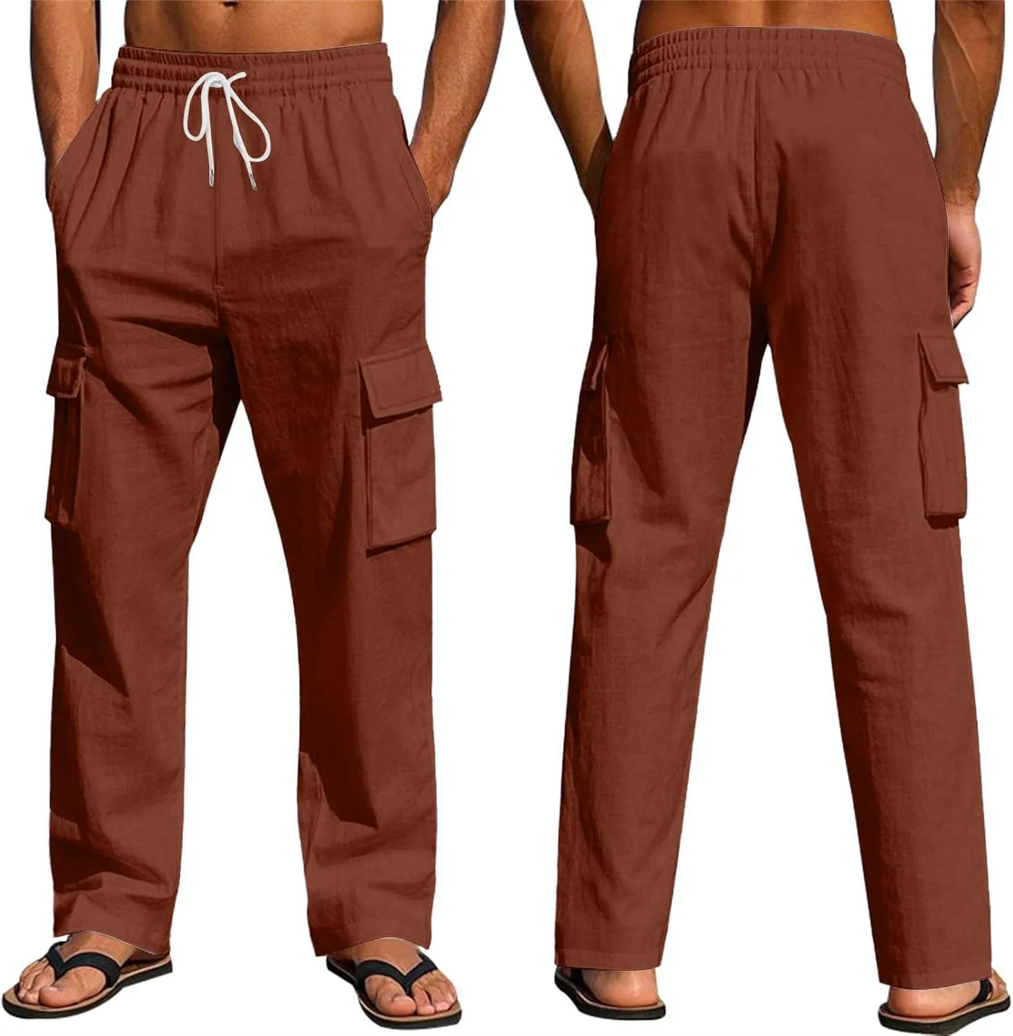 lcyhony Linen Cargo Pants for Men Relaxed fit Elastic Waist Drawstring Linen Pants Summer Casual Yoga Beach Pant with Pockets
