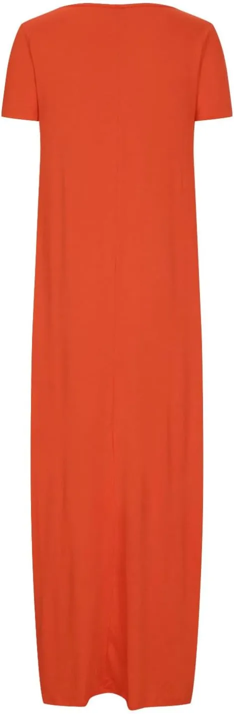 LEMONONSTORE Plus Size Maxi Dress for Women Scoop Neck Short Sleeve Baggy Dresses Solid Casual Floor Length Beach Dress