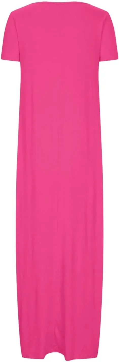 LEMONONSTORE Plus Size Maxi Dress for Women Scoop Neck Short Sleeve Baggy Dresses Solid Casual Floor Length Beach Dress
