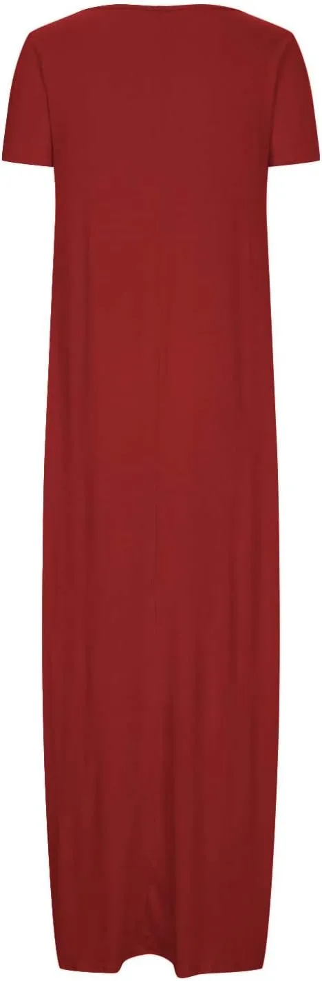 LEMONONSTORE Plus Size Maxi Dress for Women Scoop Neck Short Sleeve Baggy Dresses Solid Casual Floor Length Beach Dress