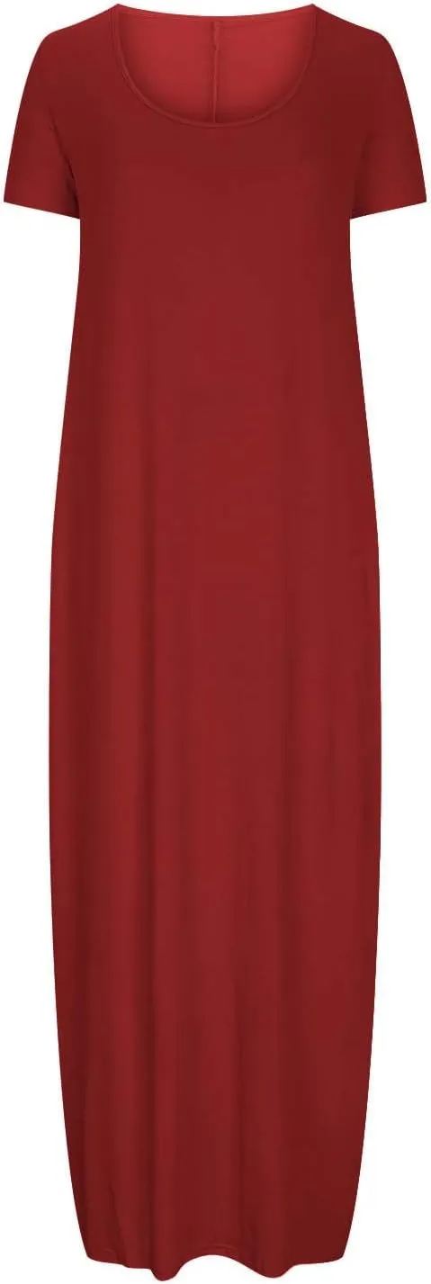LEMONONSTORE Plus Size Maxi Dress for Women Scoop Neck Short Sleeve Baggy Dresses Solid Casual Floor Length Beach Dress
