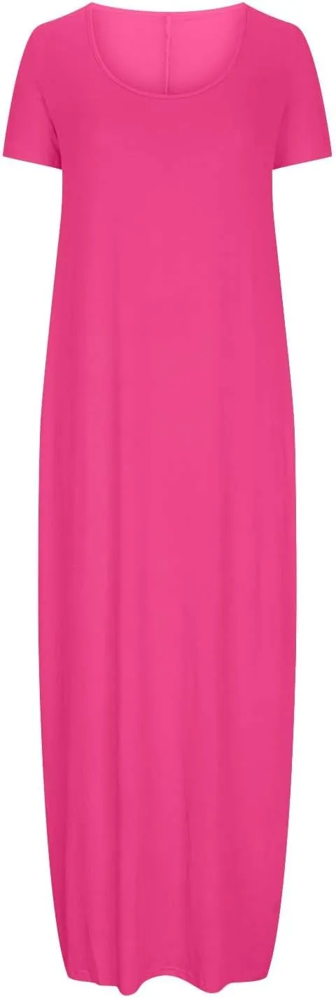 LEMONONSTORE Plus Size Maxi Dress for Women Scoop Neck Short Sleeve Baggy Dresses Solid Casual Floor Length Beach Dress