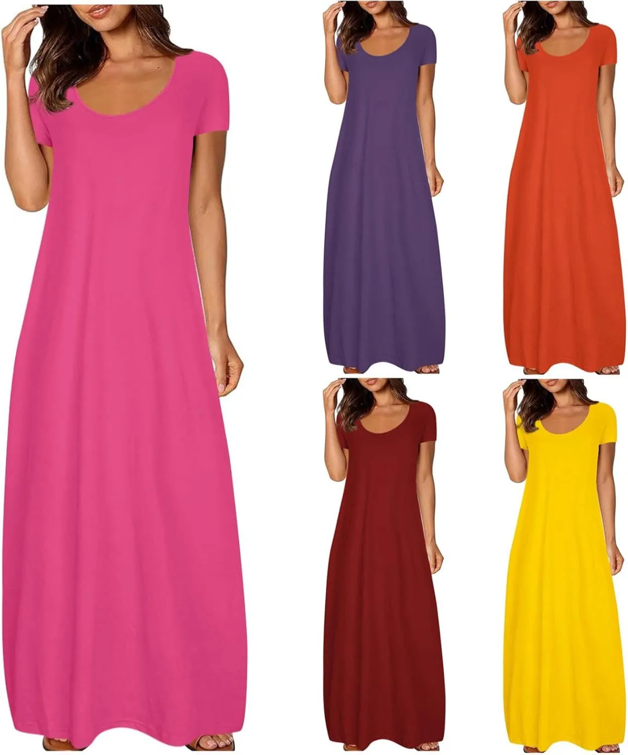 LEMONONSTORE Plus Size Maxi Dress for Women Scoop Neck Short Sleeve Baggy Dresses Solid Casual Floor Length Beach Dress
