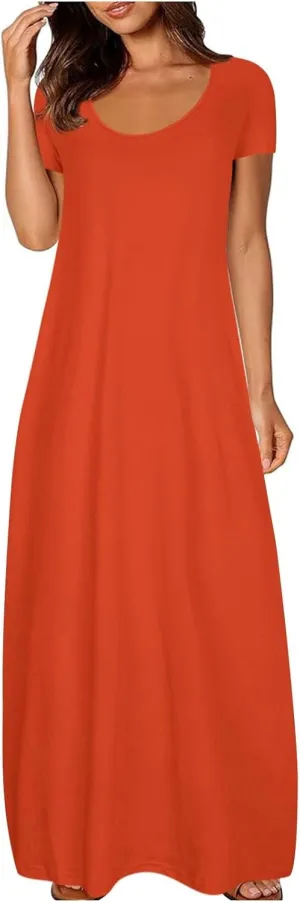 LEMONONSTORE Plus Size Maxi Dress for Women Scoop Neck Short Sleeve Baggy Dresses Solid Casual Floor Length Beach Dress