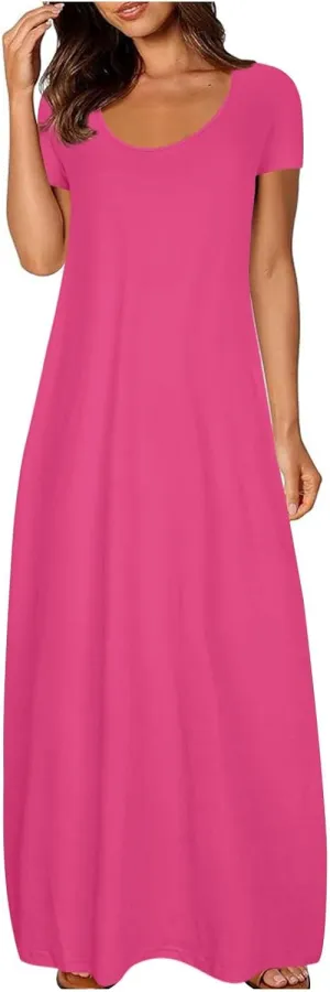 LEMONONSTORE Plus Size Maxi Dress for Women Scoop Neck Short Sleeve Baggy Dresses Solid Casual Floor Length Beach Dress
